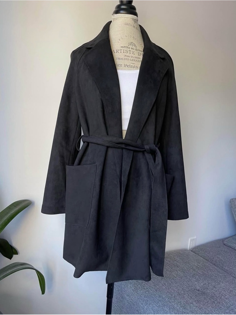 Zara Classic Black Belted Faux Suede Coat